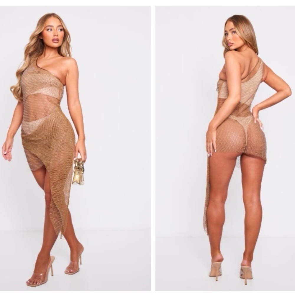 NWT PrettyLittleThing Mocha Diamante One-Shoulder Fishnet Bodycon Dress